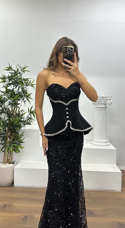 Black Strapless Corset Detail Embroidered Evening Dress