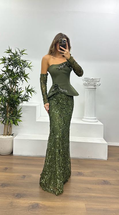 Khaki Strapless Embroidered Evening Dress