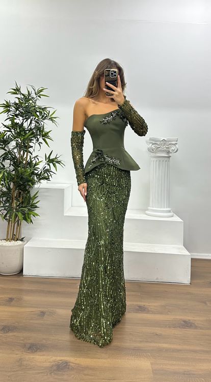 Khaki Strapless Embroidered Evening Dress