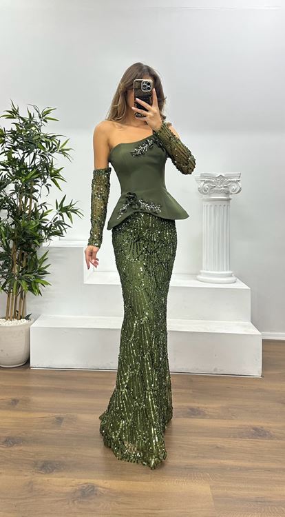Khaki Strapless Embroidered Evening Dress