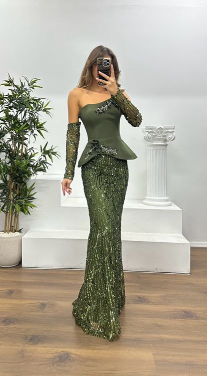 Khaki Strapless Embroidered Evening Dress