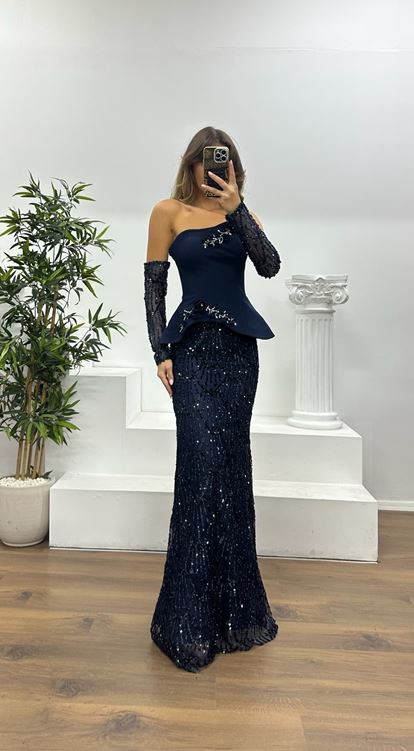 Navy Blue Strapless Embroidered Evening Dress