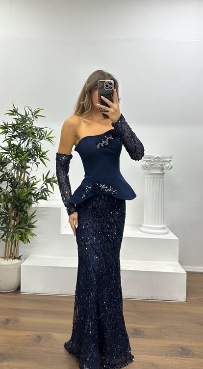 Navy Blue Strapless Embroidered Evening Dress