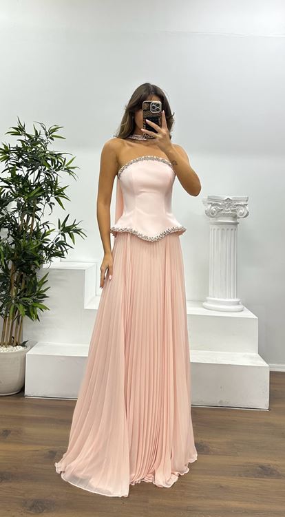 Powder Strapless Pleated Evening Dress