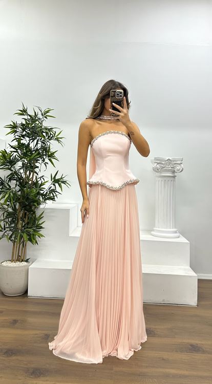 Powder Strapless Pleated Evening Dress