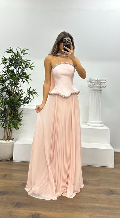 Powder Strapless Pleated Evening Dress