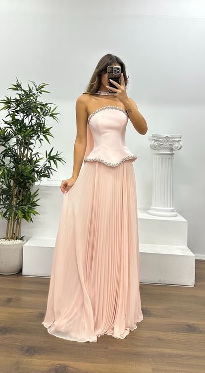 Powder Strapless Pleated Evening Dress