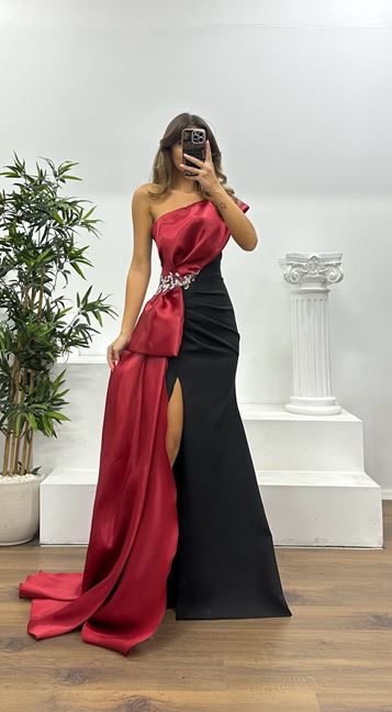 Burgundy One Shoulder Stone Detail Evening Dress