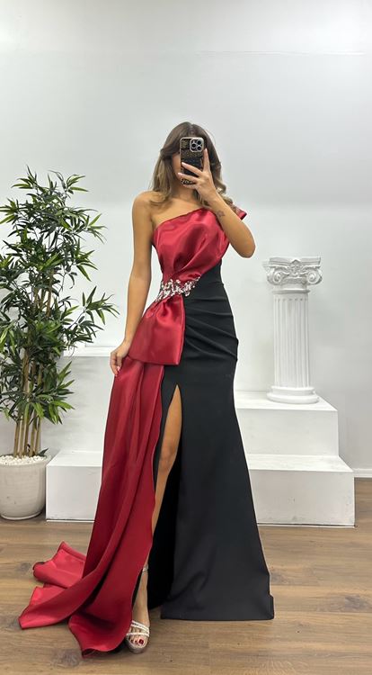 Bordo Tek Omuz Taş Detay Abiye Elbise