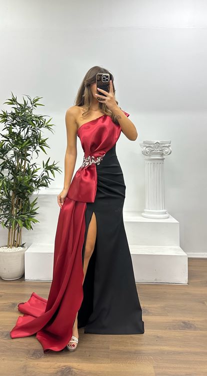 Bordo Tek Omuz Taş Detay Abiye Elbise