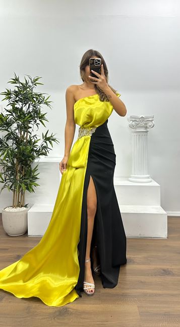 Mustard One Shoulder Stone Detail Evening Dress
