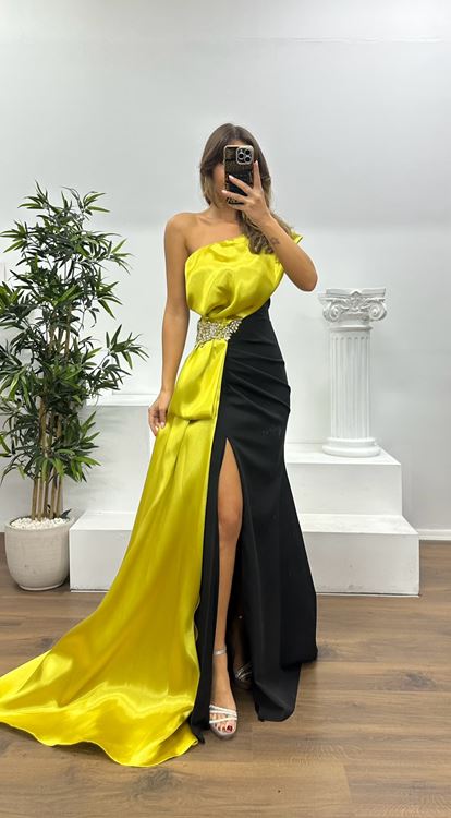 Mustard One Shoulder Stone Detail Evening Dress