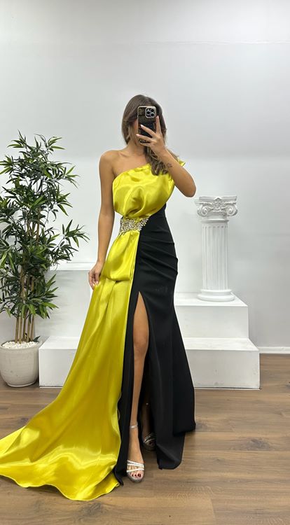 Mustard One Shoulder Stone Detail Evening Dress