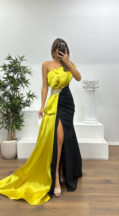 Mustard One Shoulder Stone Detail Evening Dress