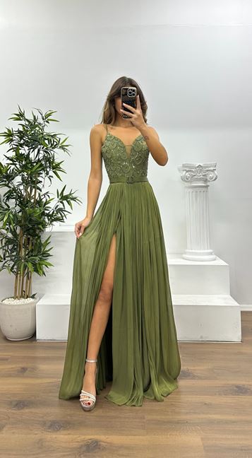 Haki İp Askılı Piliseli Abiye Elbise