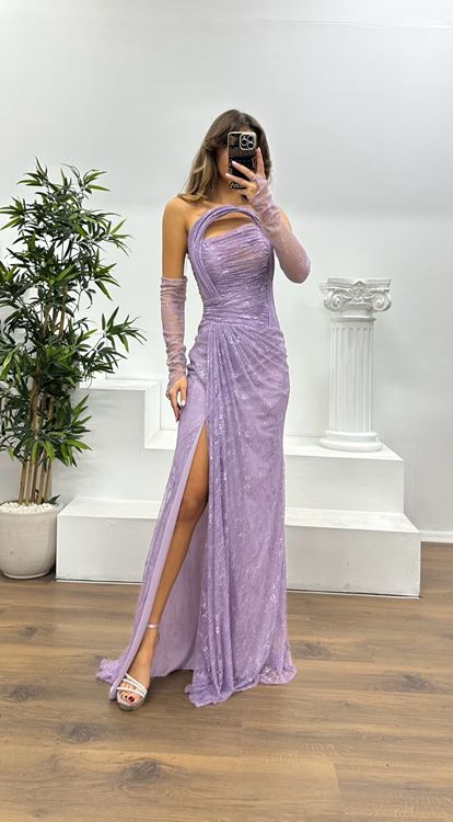 Lilac Strapless Lace Evening Dress