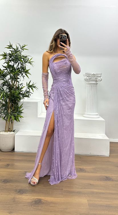 Lilac Strapless Lace Evening Dress