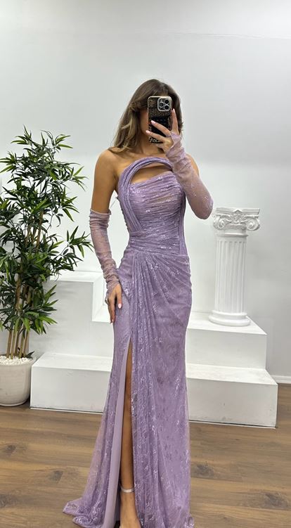 Lilac Strapless Lace Evening Dress
