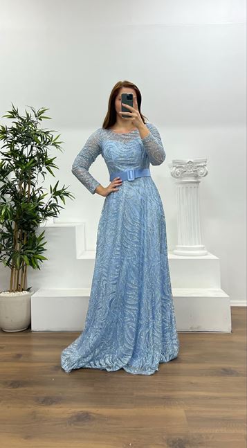 Baby Blue Long Sleeve Belt Detailed Plus Size Evening Dress