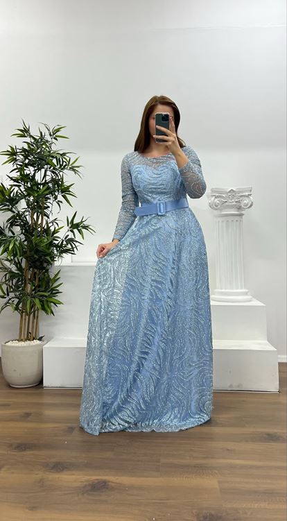 Baby Blue Long Sleeve Belt Detailed Plus Size Evening Dress