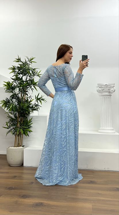 Baby Blue Long Sleeve Belt Detailed Plus Size Evening Dress