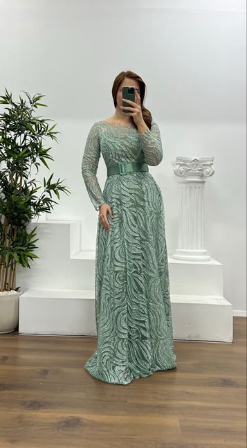 Cagla Long Sleeve Belt Detailed Plus Size Evening Dress