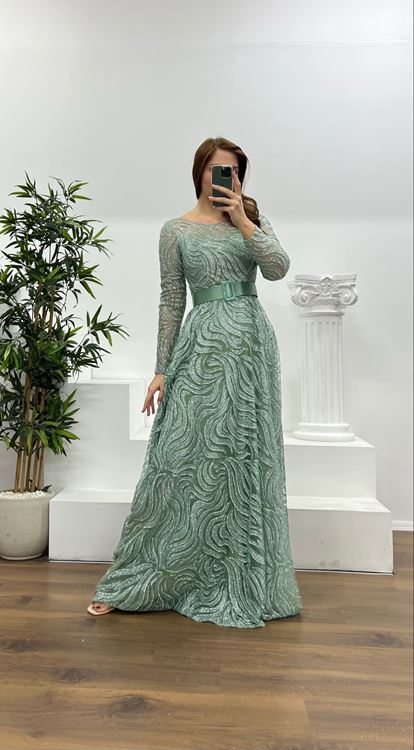 Cagla Long Sleeve Belt Detailed Plus Size Evening Dress
