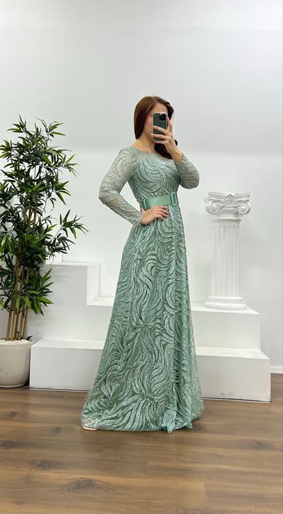 Cagla Long Sleeve Belt Detailed Plus Size Evening Dress