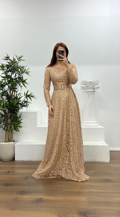 Gold Long Sleeve Belt Detailed Plus Size Evening Dress