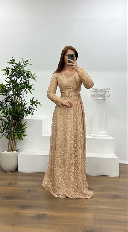 Gold Long Sleeve Belt Detailed Plus Size Evening Dress