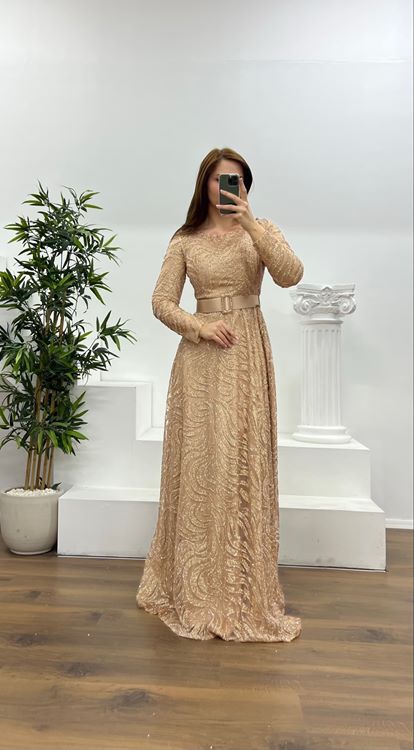 Gold Long Sleeve Belt Detailed Plus Size Evening Dress