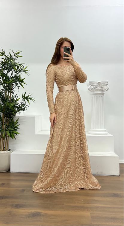 Gold Long Sleeve Belt Detailed Plus Size Evening Dress