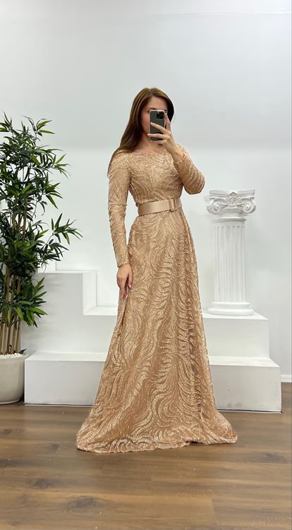 Gold Long Sleeve Belt Detailed Plus Size Evening Dress