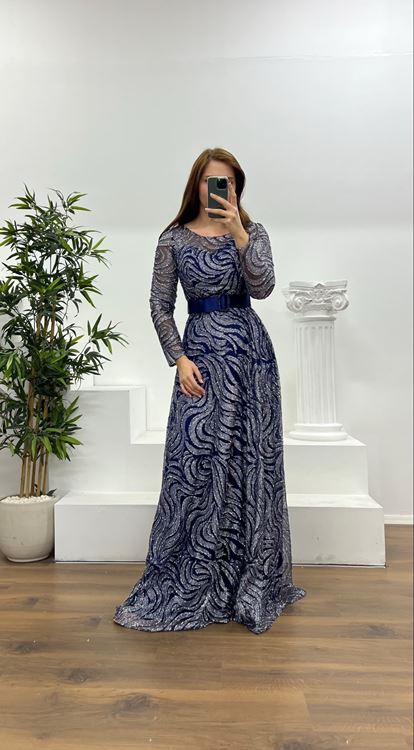 Navy Blue Long Sleeve Belt Detailed Plus Size Evening Dress