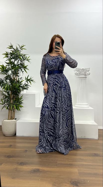 Navy Blue Long Sleeve Belt Detailed Plus Size Evening Dress