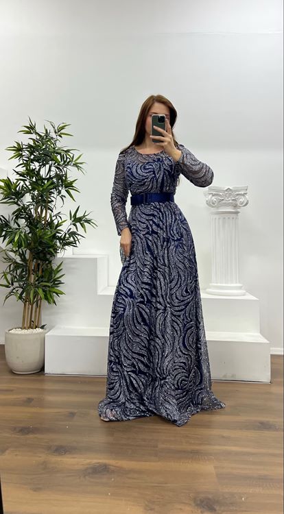 Navy Blue Long Sleeve Belt Detailed Plus Size Evening Dress