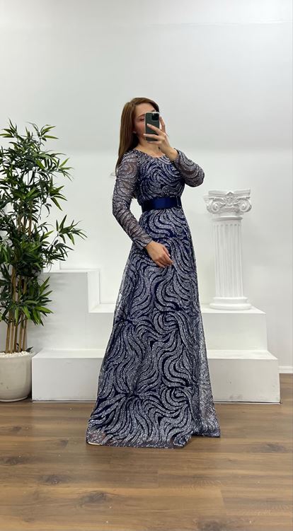 Navy Blue Long Sleeve Belt Detailed Plus Size Evening Dress