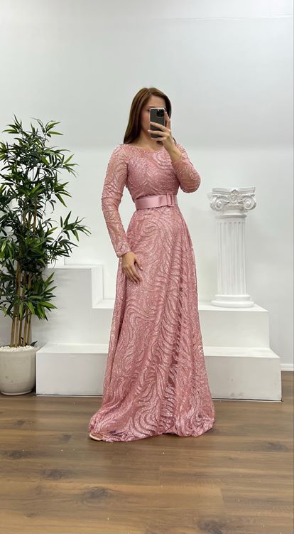 Onion Skin Long Sleeve Belt Detail Plus Size Evening Dress