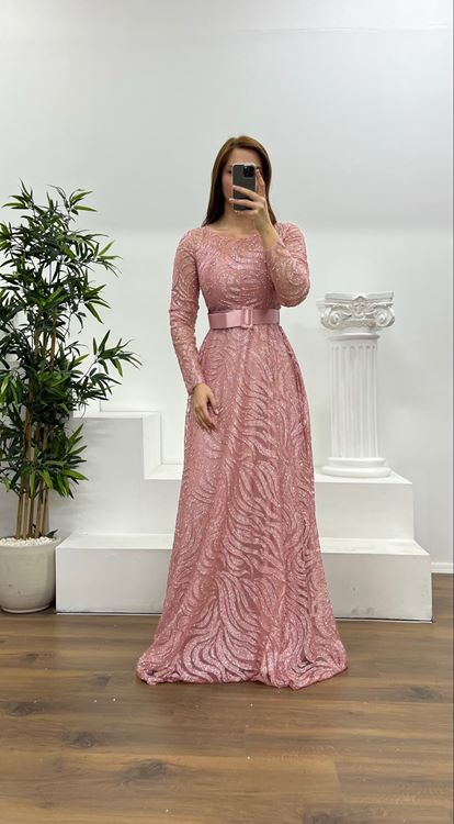 Onion Skin Long Sleeve Belt Detail Plus Size Evening Dress