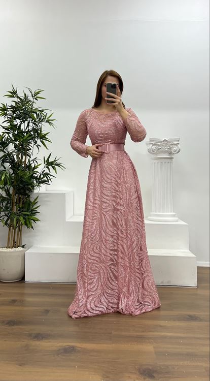 Onion Skin Long Sleeve Belt Detail Plus Size Evening Dress