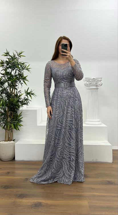 Gray Long Sleeve Belt Detailed Plus Size Evening Dress