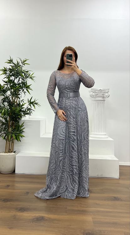 Gray Long Sleeve Belt Detailed Plus Size Evening Dress