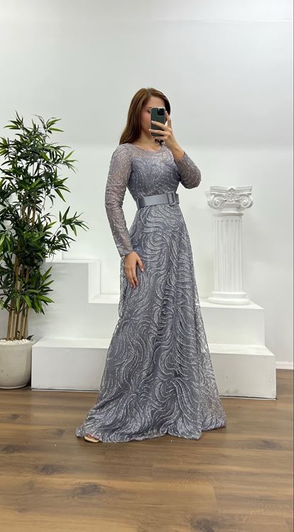 Gray Long Sleeve Belt Detailed Plus Size Evening Dress