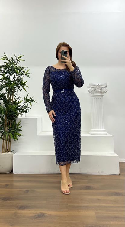 Lacivert Boncuk İşlemeli Uzun Kollu Büyük Beden Abiye Elbise