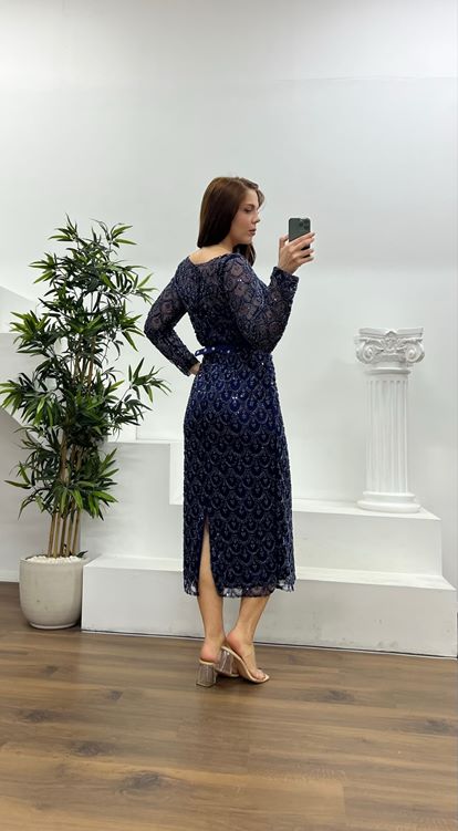 Lacivert Boncuk İşlemeli Uzun Kollu Büyük Beden Abiye Elbise