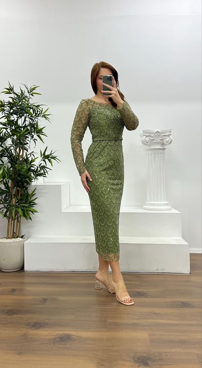 Haki Boncuk İşlemeli Uzun Kollu Büyük Beden Abiye Elbise