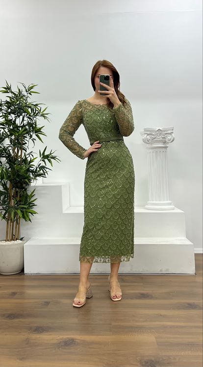 Haki Boncuk İşlemeli Uzun Kollu Büyük Beden Abiye Elbise
