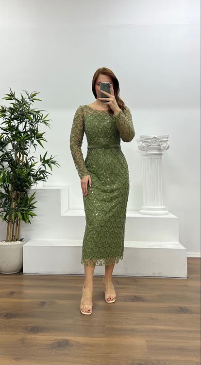 Haki Boncuk İşlemeli Uzun Kollu Büyük Beden Abiye Elbise