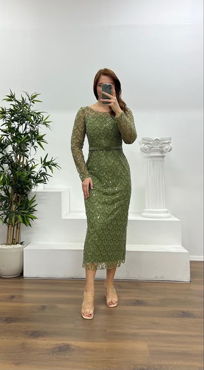 Haki Boncuk İşlemeli Uzun Kollu Büyük Beden Abiye Elbise