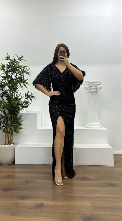 Black Knot Detailed Pipe Beaded Plus Size Evening Dress